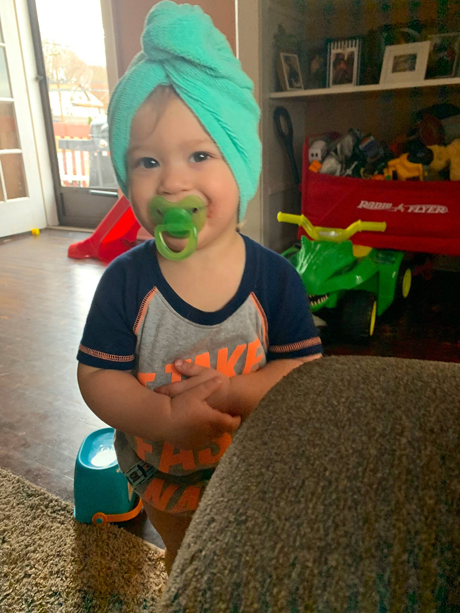 Cameron joined the competition — help win amazing prizes! child, costume, fictional_character, fun, green, head, headgear, person, play, smile, toddler