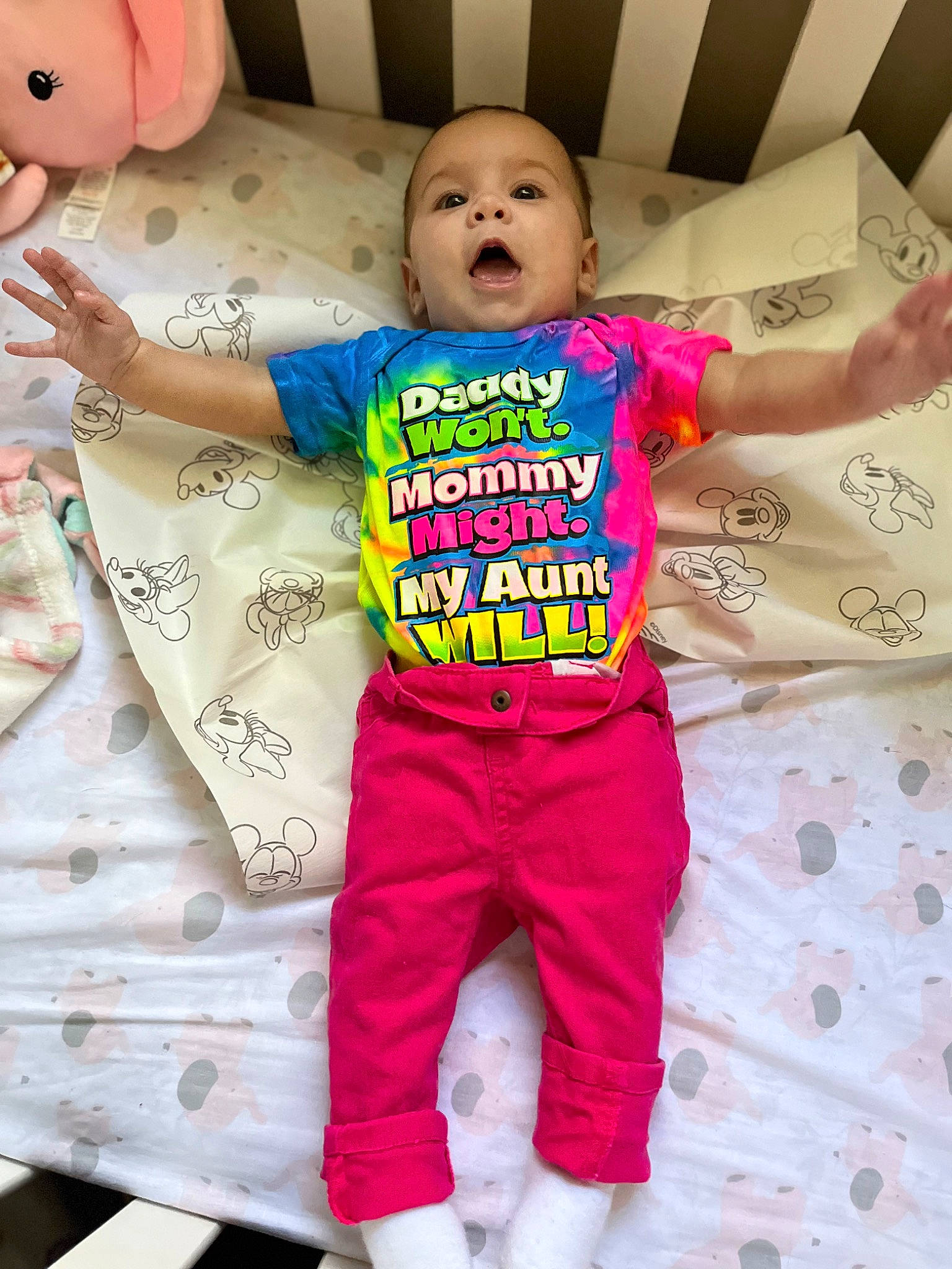 Harper joined the competition — help win amazing prizes! arm, baby, baby_toddler_clothing, cheek, eye, face, facial_expression, gesture, happy, head, people, person, pink, product, skin, sleeve, smile, t_shirt, textile, toddler