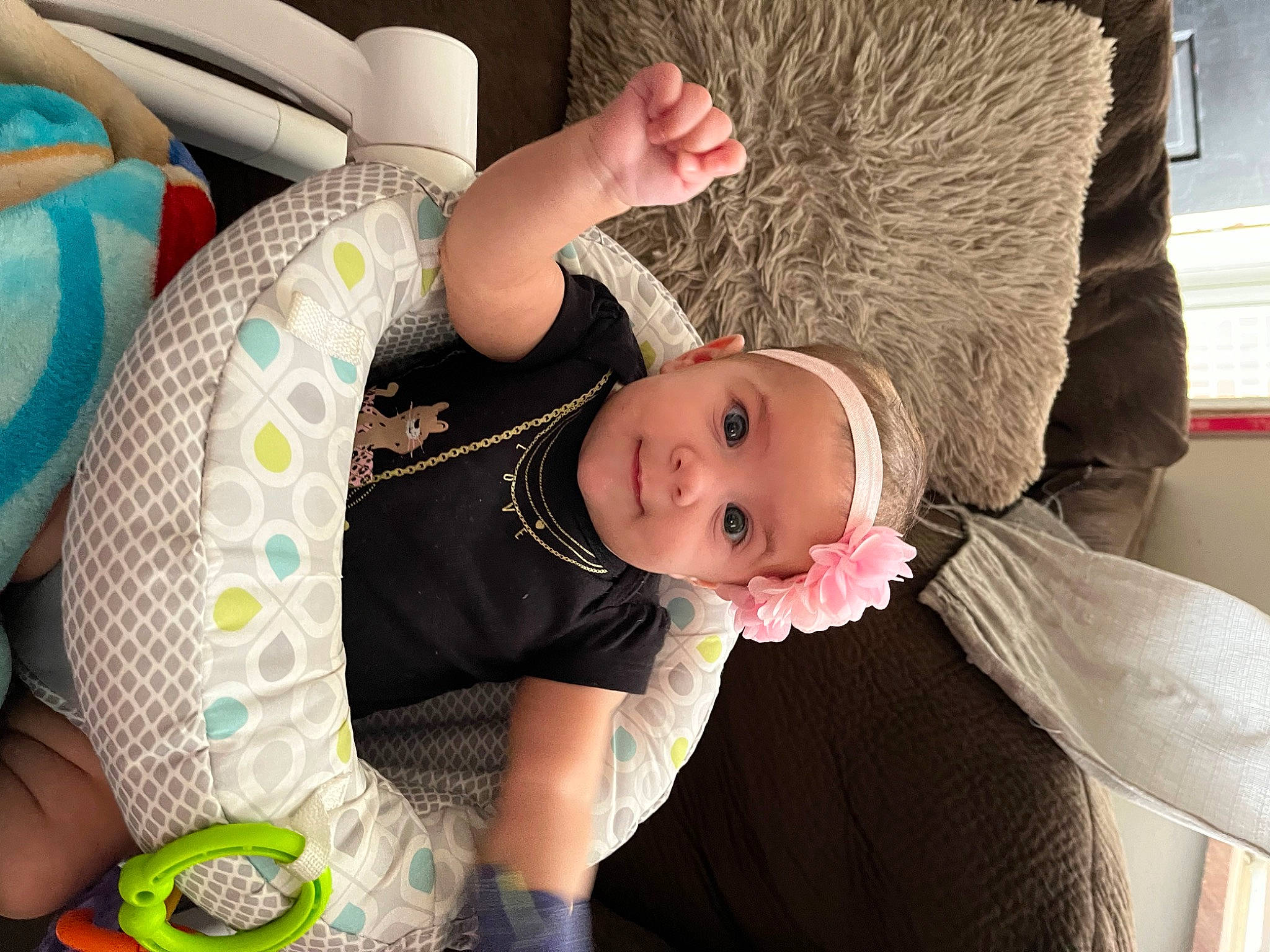 Harper joined the competition — help win amazing prizes! arm, baby, baby_products, baby_safety, baby_toddler_clothing, child, comfort, couch, fun, fur, happy, linens, mouth, pattern, person, room, sitting, sleep, smile, textile