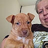 Queenie is registered to the contest to win money with this photo: puppy, dog, person, face, holding, indoor, cute, pet, animal, portrait, ears, expression, smile, closeup, hand, skin, shirt, wall, light, candid