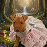 Queenie joined the competition — help win amazing prizes! puppy, dog, dress, tiara, forest, waterfall, flowers, mushrooms, fantasy, enchanted, nature, greenery, lace, costume, animal, outdoor, cute, pet, whimsical, magical