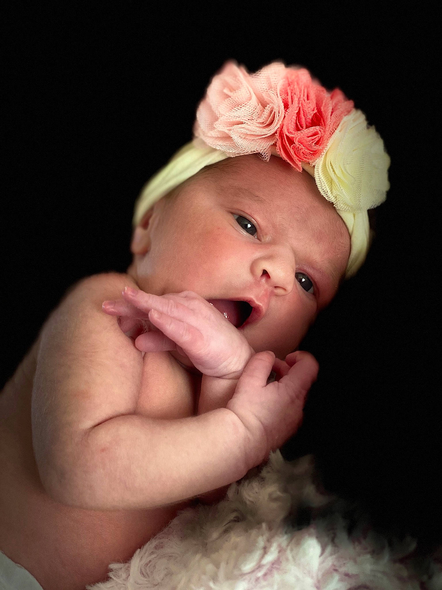 Haisley is registered to the contest to win money with this photo: baby, beauty, cheek, child, eye, face, finger, hair_accessory, hand, headgear, headwear, lip, mouth, nose, person, photograph, photography, pink, portrait, portrait_photography