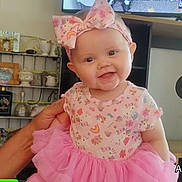 Arianna is registered to the contest to win money with this photo: baby, child, pink_tutu, headband, smiling, indoor, television, adult_hands, furniture, shelf, decor, table, foot, person, clothing, cute, portrait, happy, toddler, family