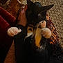 cat, black_and_white, paws, lap, person, tattoo, patterned_pants, indoor, cozy, cuddle, feline, resting, pet, animal, warm_lighting, wood_floor, rug, hand, fur, comfort