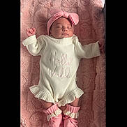Tessa joined the competition — help win amazing prizes! baby, babywear, blanket, booties, bow, child, clothing, cozy, cute, headband, indoors, infant, knitted, newborn, peaceful, pink, portrait, resting, sleeping, soft_texture
