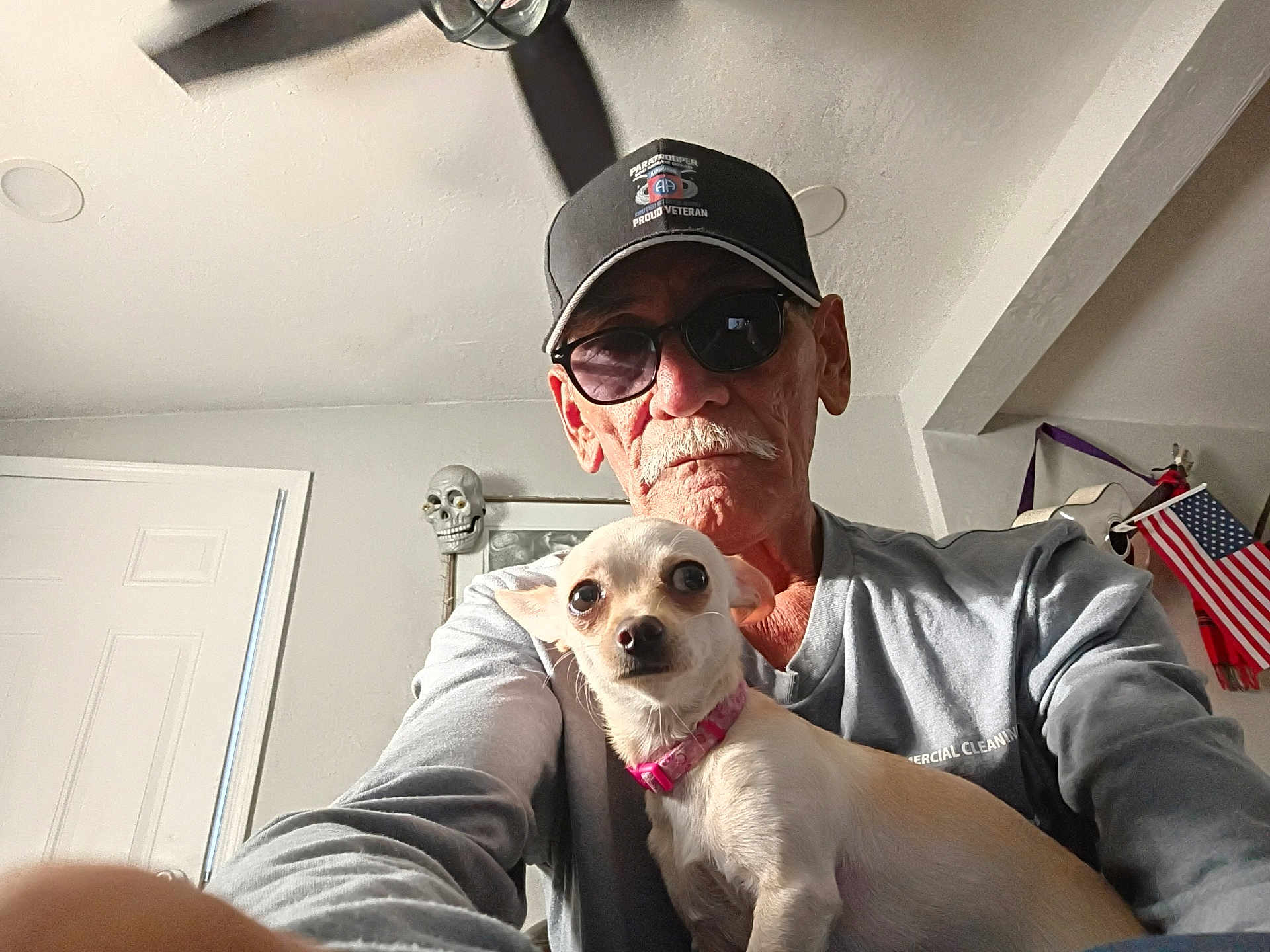 Nena is registered to the contest to win money with this photo: elderly_man, dog, chihuahua, indoor, selfie, sunglasses, cap, ceiling_fan, skull_decoration, american_flag, gray_shirt, pet, pet_collar, portrait, facial_hair, mustache, light, shadow, wall, door