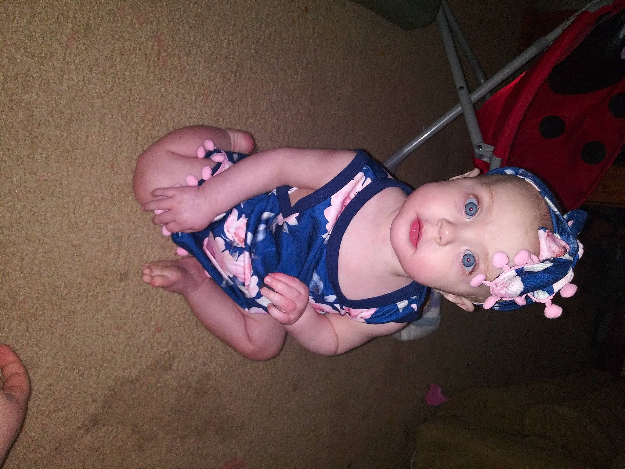 Emilee joined the competition — help win amazing prizes! baby, baby_toddler_clothing, barefoot, chest, child, elbow, electric_blue, eye, finger, foot, fun, hat, headwear, human_leg, mouth, person, skin, thigh, thumb, toddler