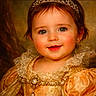 Mia is registered to the contest to win money with this photo: child, closeup, costume, cute, dress, elegant, face, golden_gown, happy, indoor, jewelry, lace, pearl, person, portrait, royalty, smile, tiara, toddler, young_child