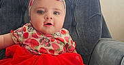 Mia joined the competition — help win amazing prizes! baby, blue_chair, child, clothing, cushioned_chair, cute, fashion, happy, headband, indoor, infant, minnie_mouse, person, pink_socks, portrait, seated, smiling, strawberry_pattern, tutu_skirt, young