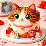 Bella is registered to the contest to win money with this photo: cake, cat, cat_cake, celebration, closeup, colorful, confectionery, cookie, cream, cute, dessert, food, green_eyes, inset_photo, pastry, pink_collar, real_cat, strawberry, sweet, table