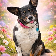 Lyric is registered to the contest to win money with this photo: dog, pet, animal, pink_collar, sitting, flower_garden, pathway, butterflies, sparkles, pastel_colors, cute, happy, outdoor, nature, portrait, fluffy, ears_up, tongue_out, friendly, spring