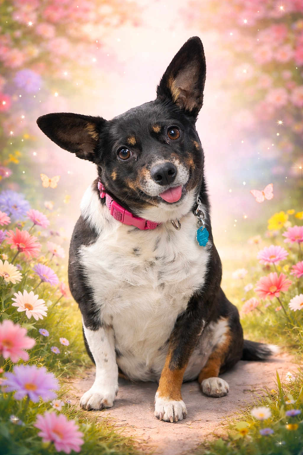 Lyric is registered to the contest to win money with this photo: dog, pet, animal, pink_collar, sitting, flower_garden, pathway, butterflies, sparkles, pastel_colors, cute, happy, outdoor, nature, portrait, fluffy, ears_up, tongue_out, friendly, spring