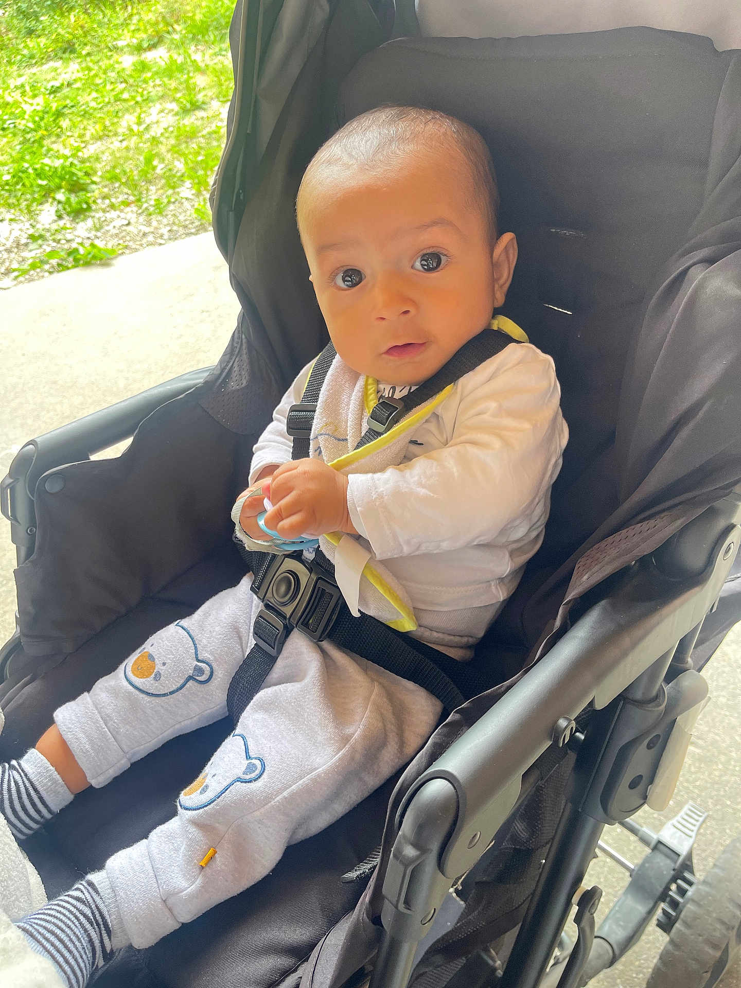 Cameronne a rejoint le concours — aidez-le/la à gagner de superbes lots ! baby, bear_patch, black, child, clothing, comfort, curious, daylight, expression, face, hand, indoors, infant, pants, seatbelt, socks, striped, stroller, toy, white