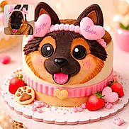 Rocky a rejoint le concours — aidez-le/la à gagner de superbes lots ! dog, german_shepherd, cake, heart, pink, headband, strawberry, cookie, dessert, fondant, animal, pet, cute, celebration, love, tongue_out, face, sweet, food, decoration