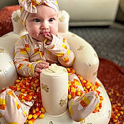 Remi is registered to the contest to win money with this photo: baby, infant, child, pajamas, headband, candy_corn, toy_chair, teddy_bear_pattern, indoor, carpet, cute, sitting, curious, hand_in_mouth, colorful, soft_toys, plush, comfort, portrait, bright