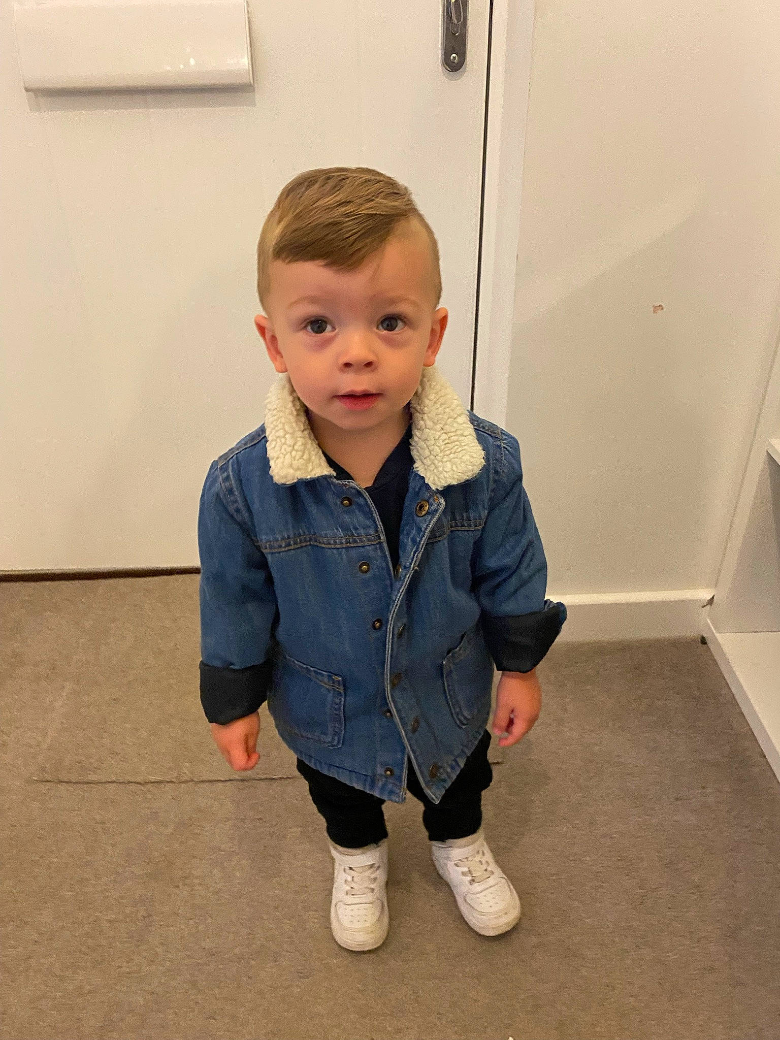 Vinnie joined the competition — help win amazing prizes! baby, baby_toddler_clothing, cheek, child, collar, denim, dress_shirt, electric_blue, floor, flooring, happy, jeans, knee, leg, nose, pattern, person, sitting, sleeve, toddler