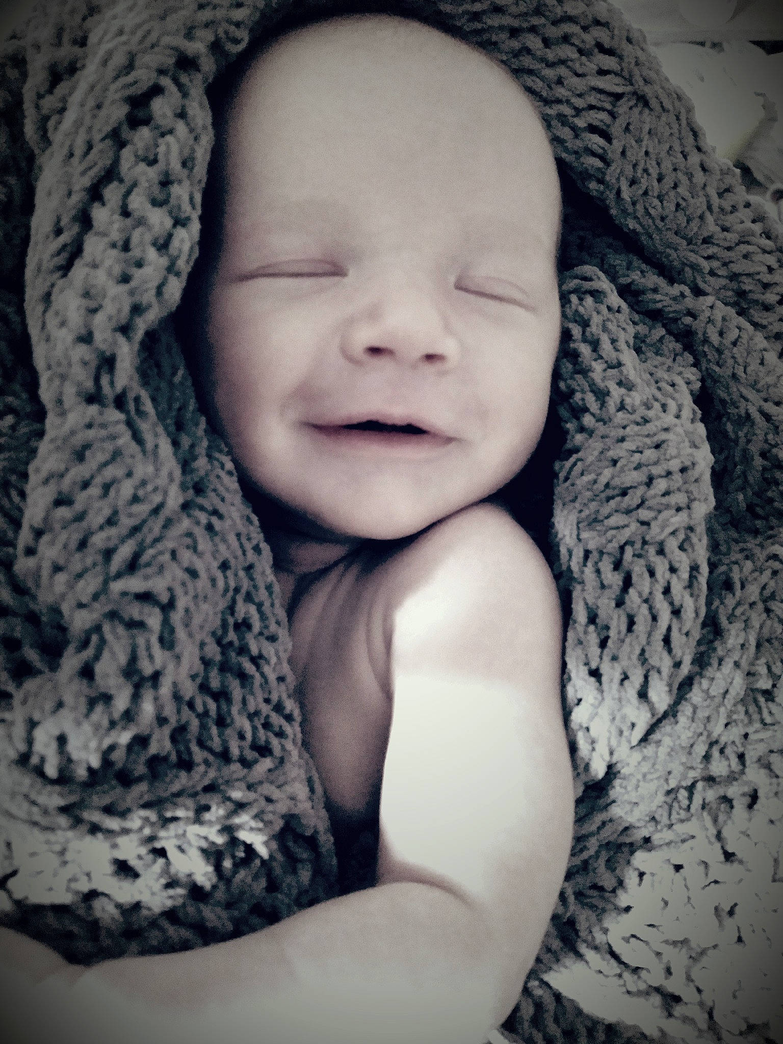 Sennie is registered to the contest to win money with this photo: baby, baby_toddler_clothing, child, close_up, comfort, eyelash, flash_photography, happy, headgear, iris, linens, lip, monochrome_photography, pattern, person, skin, sleeve, textile, toddler, wool