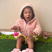 Jade participe au concours pour gagner de l'argent avec cette photo : toddler, child, pink_hoodie, fluffy_clothing, bunny_slippers, yellow_skirt, sitting, green_turf, potted_flowers, indoor, expression, curly_hair, cute, gesture, portrait, young_child, playful, cozy, casual, wall_background