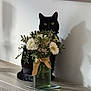 black_cat, cat, closeup, curious, decor, domestic_cat, flower_bouquet, green_vase, greenery, indoor, nature, pet, plant, ribbon, shadow, still_life, table, vase, white_flowers, wooden_surface