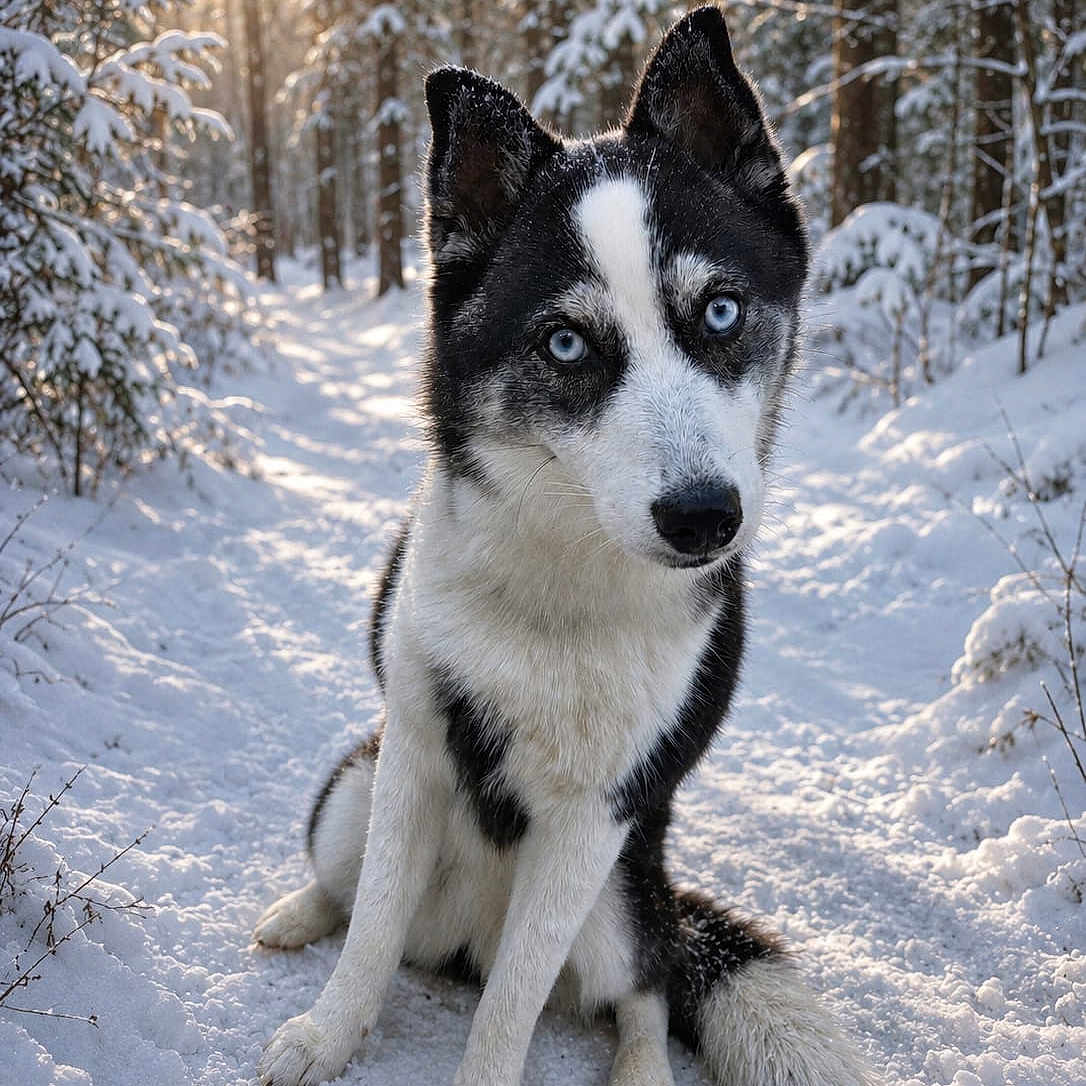 Nova participe au concours pour gagner de l'argent avec cette photo : dog, husky, snow, forest, winter, path, sunlight, trees, animal, pet, outdoor, nature, canine, blue_eyes, black_and_white, sitting, fur, cold, daylight, scenic