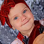 toddler, child, blue_eyes, red_headband, velvet_bow, smiling, face, portrait, holiday_clothing, festive, cute, winter_background, reindeer, button, pink_dress, baby, innocent, young_child, close_up, happy