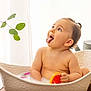 baby, bath_time, child, cute, decor, flower, grapefruit, greenery, indoor, milk_bath, natural_light, plant, playful, portrait, sitting, skin, smiling, tongue_out, tub, water