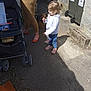 adult, casual, child, clothing, curly_hair, dog, footwear, legs, outdoor, pacifier, pavement, residential_area, shadow, side_view, stone_wall, stroller, sunlight, toddler, toy, trash_bins