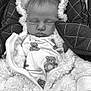 baby, newborn, infant, sleeping, closed_eyes, hood, fleece, onesie, teddy_bear_print, car_seat, quilted_fabric, zipper, cozy, soft_texture, portrait, cute, bundled, monochrome, face, blanket