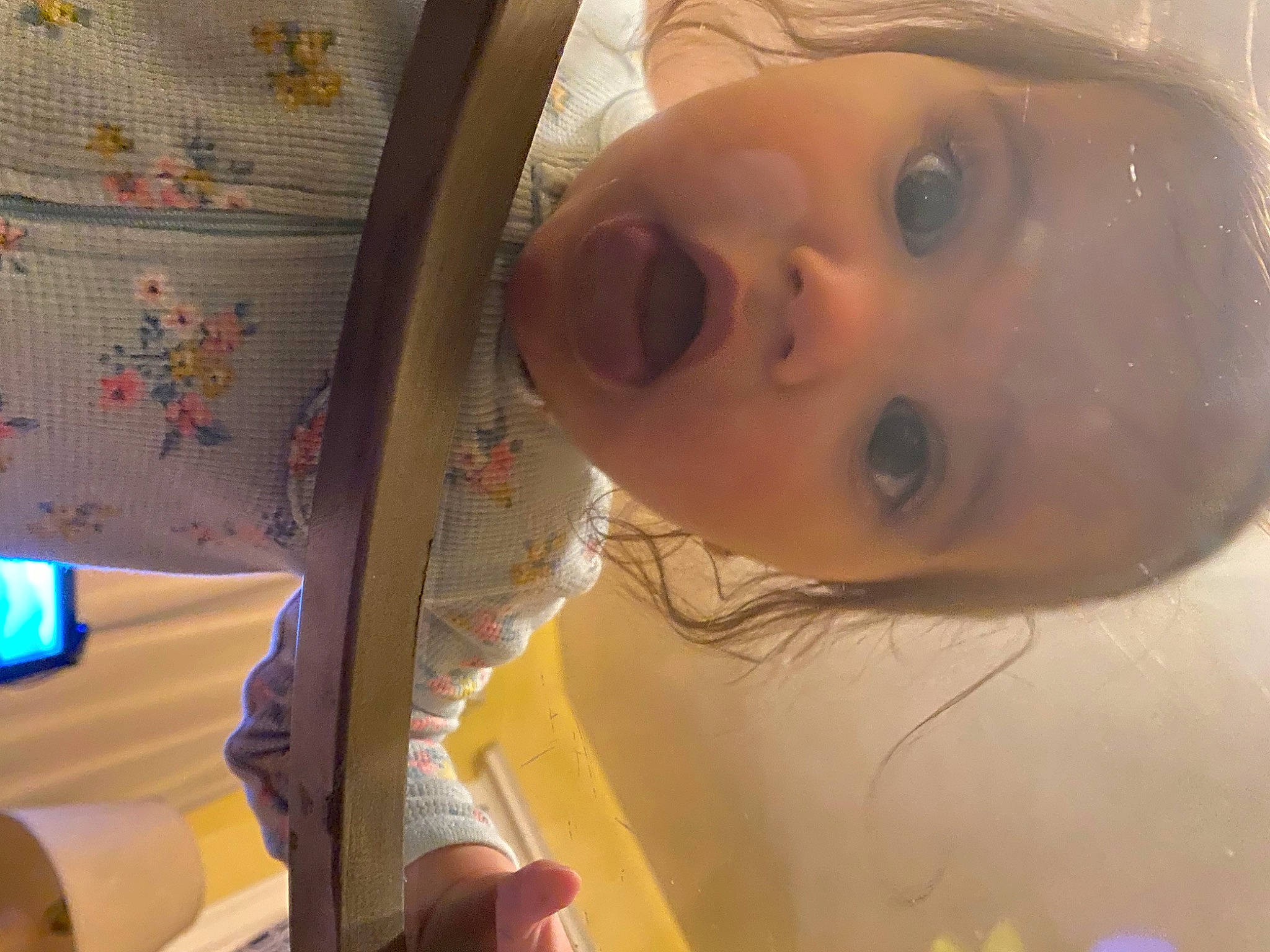 Kaycee is registered to the contest to win money with this photo: baby, bathing, cheek, chest, child, eye, eyelash, fashion_accessory, fun, happy, linens, mouth, nose, pattern, person, room, selfie, skin, smile, surprise