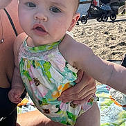 Addison joined the competition — help win amazing prizes! baby, child, infant, swimsuit, floral_pattern, beach, sand, stroller, adult_hand, outdoor, sunlight, blanket, summer, cute, person, portrait, closeup, skin, expression, vacation