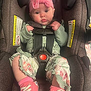 Addison is registered to the contest to win money with this photo: baby, baby_fashion, car_seat, child, chubby_cheeks, clothing, cute, floral_pants, footwear, headband, indoor, infant, person, pink_bow, pink_sneakers, portrait, safety_harness, seatbelt, strapped_in, wide_eyes