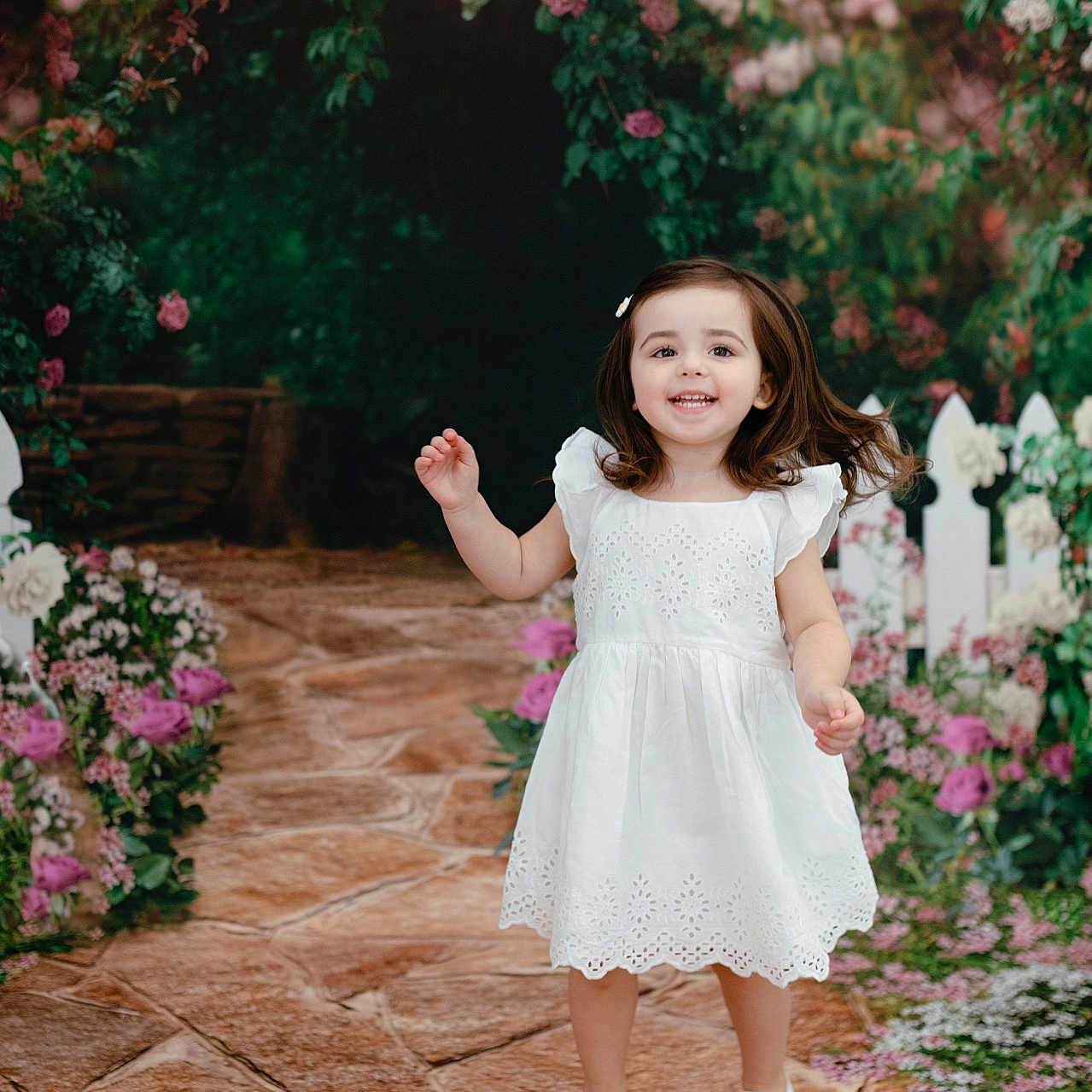 Madison joined the competition — help win amazing prizes! child, clothing, dress, eveningdress, face, female, flagstone, flower, flowerarrangement, flowerbouquet, formalwear, girl, head, path, person, petal, photography, plant, portrait, walkway
