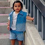 Advaith joined the competition — help win amazing prizes! toddler, child, denim, vest, shorts, stairs, concrete, railing, petals, outdoor, casual_clothing, footwear, sandals, person, young_child, standing, daylight, expression, hair, portrait
