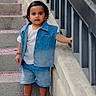 toddler, child, denim, vest, shorts, stairs, concrete, railing, petals, outdoor, casual_clothing, footwear, sandals, person, young_child, standing, daylight, expression, hair, portrait