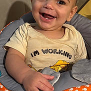 Koa joined the competition — help win amazing prizes! baby, child, smiling, indoor, seat, clothing, shirt, happy, face, hands, infant, cute, expression, young, person, portrait, comfort, colorful, toothy_grin, playful
