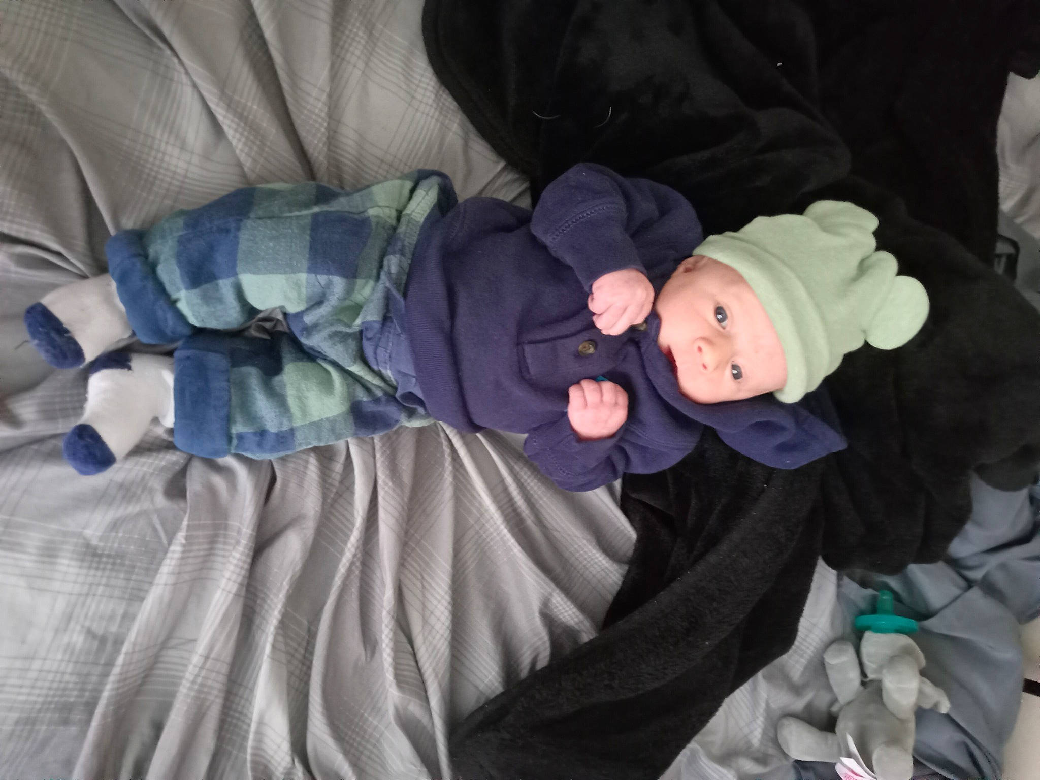 Jackson joined the competition — help win amazing prizes! baby, baby_products, baby_toddler_clothing, child, comfort, event, fun, hat, headwear, lap, linens, person, purple, room, smile, textile, toddler, tree, winter