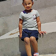 Emily joined the competition — help win amazing prizes! child, smiling, outdoor, concrete, steps, greenery, panda_print, tshirt, shorts, sneakers, pink, hair_tie, sunlight, casual_clothing, young_child, happy, sitting, portrait, daytime, person