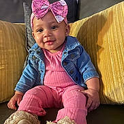 Jream joined the competition — help win amazing prizes! baby, infant, girl, smiling, pink_bow, headband, denim_jacket, pink_outfit, socks, frilly, couch, yellow_cushions, indoor, child, cute, portrait, seated, happy, homedecor, person
