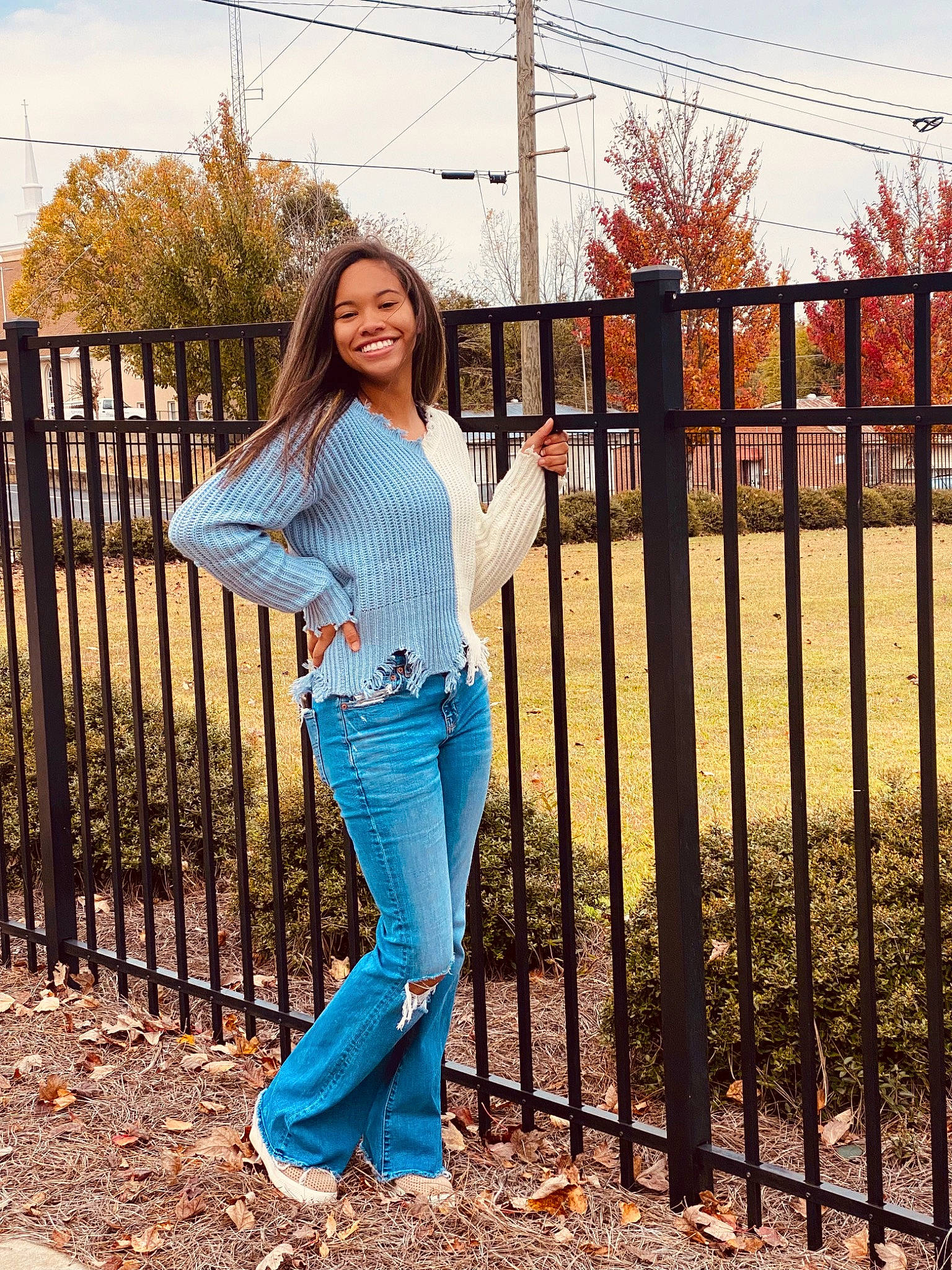 Aliyah joined the competition — help win amazing prizes! denim, fence, happy, jeans, joy, leaf, leg, leisure, outerwear, pattern, people_in_nature, person, sky, sleeve, smile, street_fashion, textile, thigh, tree, waist