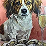 animal, art, brown_and_white, brush_strokes, canine, champagne, dog, drink, expression, food, fur, glass, oysters, painting, pink_background, plate, portrait, seafood, still_life, table