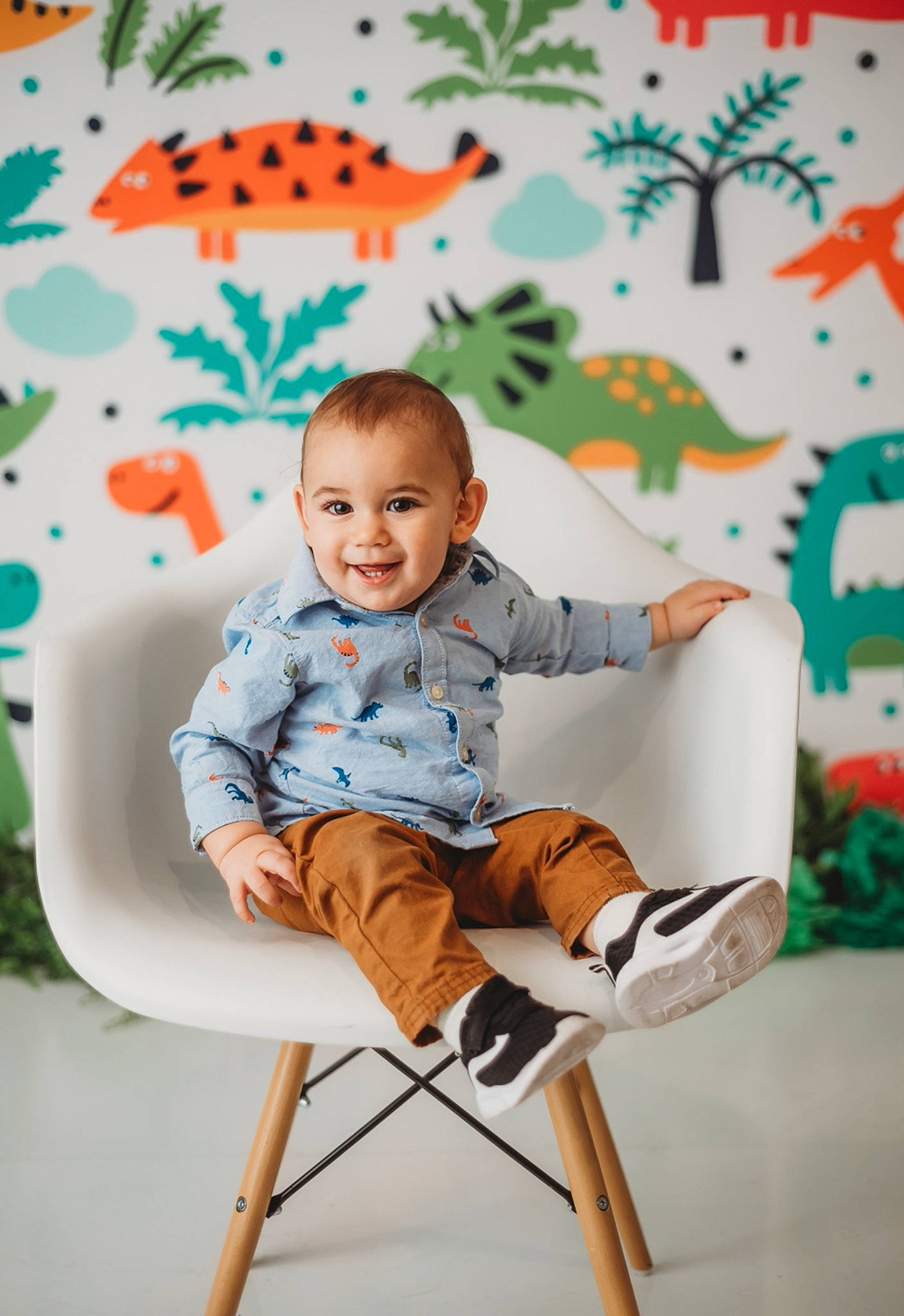 Hudson joined the competition — help win amazing prizes! baby, baby_toddler_clothing, chair, child, comfort, face, happy, head, joy, leg, leisure, orange, pattern, person, product, shorts, sitting, sleeve, smile, t_shirt