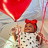 Zariyah joined the competition — help win amazing prizes! baby, child, red_balloons, headband, bow, white_dress, black_bows, smiling, happy, lying_down, balloon_strings, indoor, celebration, festive, cute, infant, portrait, playful, colorful, joyful