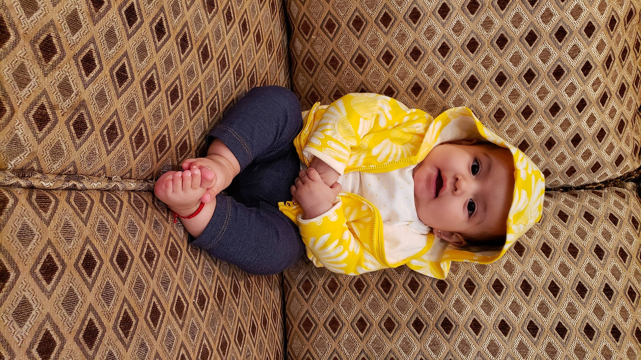 Shayla joined the competition — help win amazing prizes! baby, baby_products, baby_safety, baby_toddler_clothing, child, comfort, flooring, foot, fun, grass, happy, hardwood, headwear, linens, pattern, person, room, sitting, skin, smile