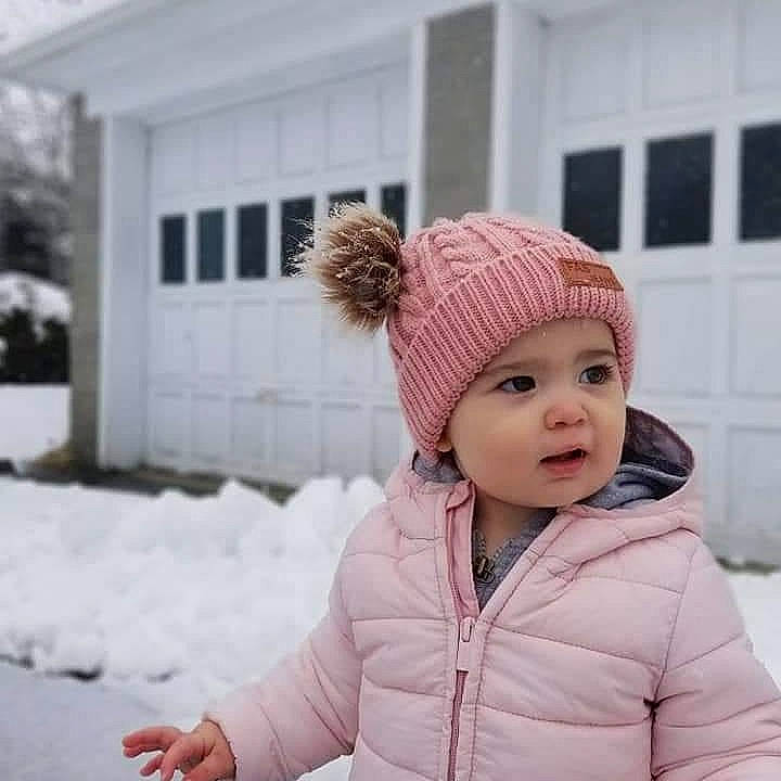 Edith joined the competition — help win amazing prizes! beauty, cap, child, freezing, fun, happy, headwear, hood, knit_cap, magenta, pattern, person, photograph, pink, sleeve, snow, street_fashion, toddler, white, window