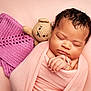 baby, blanket, child, closeup, cozy, crocheted_teddy_bear, cute, face, hand, homedecor, infant, newborn, peaceful, pink, portrait, resting, sleeping, soft_texture, swaddled, toy