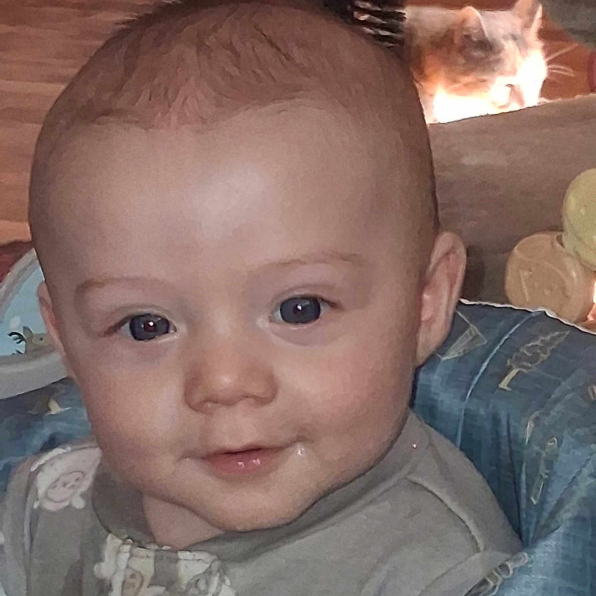 Cylis is registered to the contest to win money with this photo: baby, child, infant, smile, face, eyes, drool, clothing, seat, blue, pattern, cat, pet, animal, indoor, home, wood_floor, background, closeup, portrait