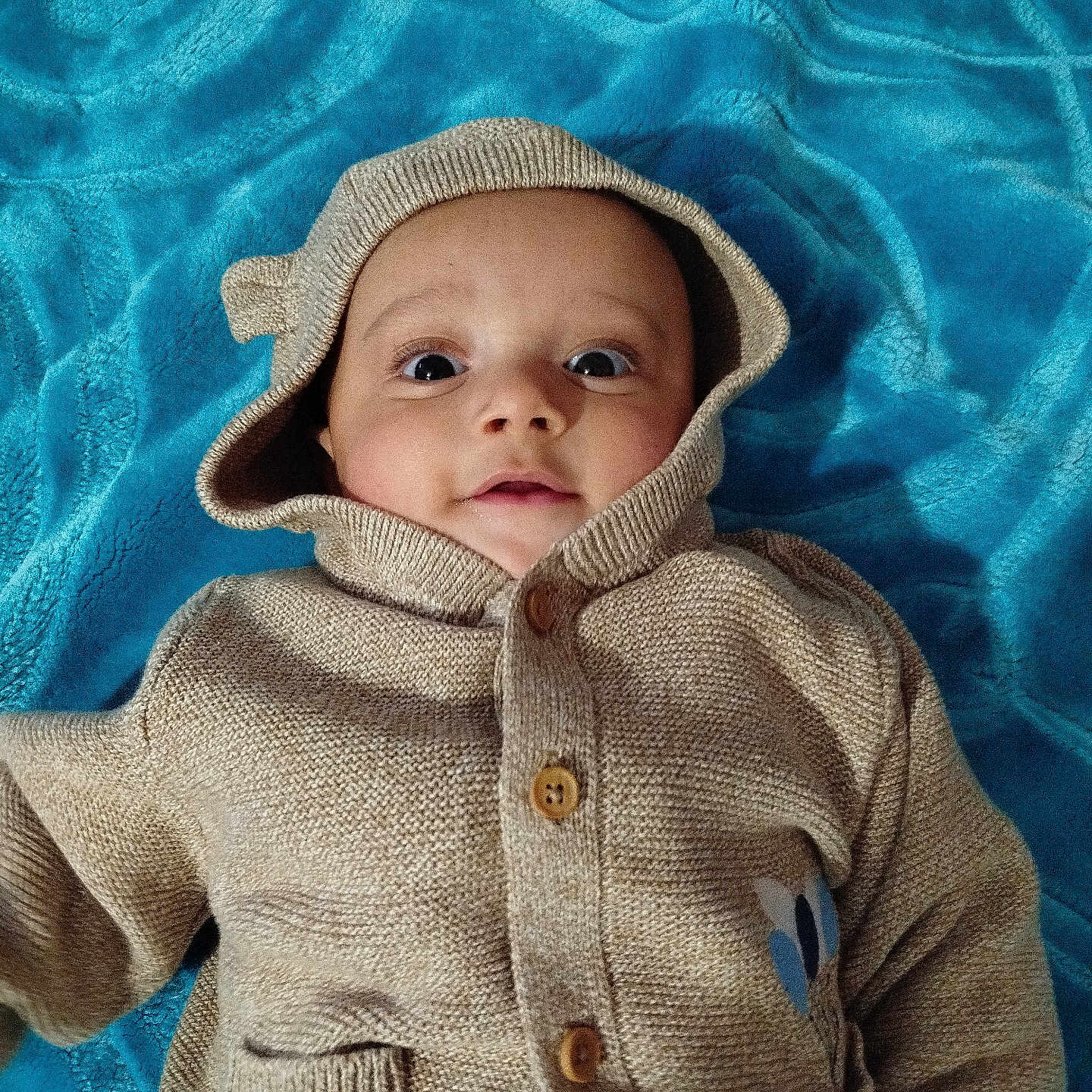 Hassan David participe au concours pour gagner de l'argent avec cette photo : baby, beige, blue_blanket, buttons, child, cozy, cute, expression, eyes, face, hoodie, indoors, infant, knitwear, laying, pocket, portrait, soft_texture, warm_clothing, young