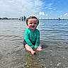 toddler, child, water, swimwear, outdoor, beach, sky, clouds, people, group, shallow_water, rocks, summer, daytime, fun, vacation, nature, recreation, person, swimming