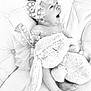 baby, infant, polka_dot, bow, stuffed_animal, plush_toy, tufted_cushion, yawning, black_and_white, cute, sleepy, soft_texture, child, adorable, resting, clothing, foot, hand, portrait, indoor
