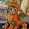 cat, tabby_cat, pet, animal, knitted_costume, dragon_costume, dragon, orange, green, horns, wings, claws, tail, sitting, portrait, indoors, couch, blanket, cute, close_up
